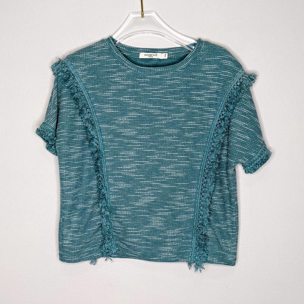 Sweewe Paris Blue Short Sleeve Fringe Trim Top Size S/M